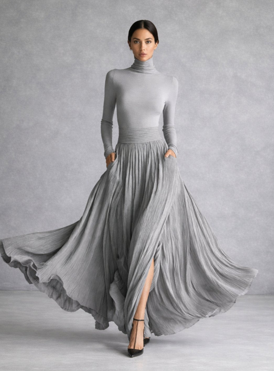 Vera | Women's Long Sleeve Turtleneck Pleated Maxi Dress with Pockets