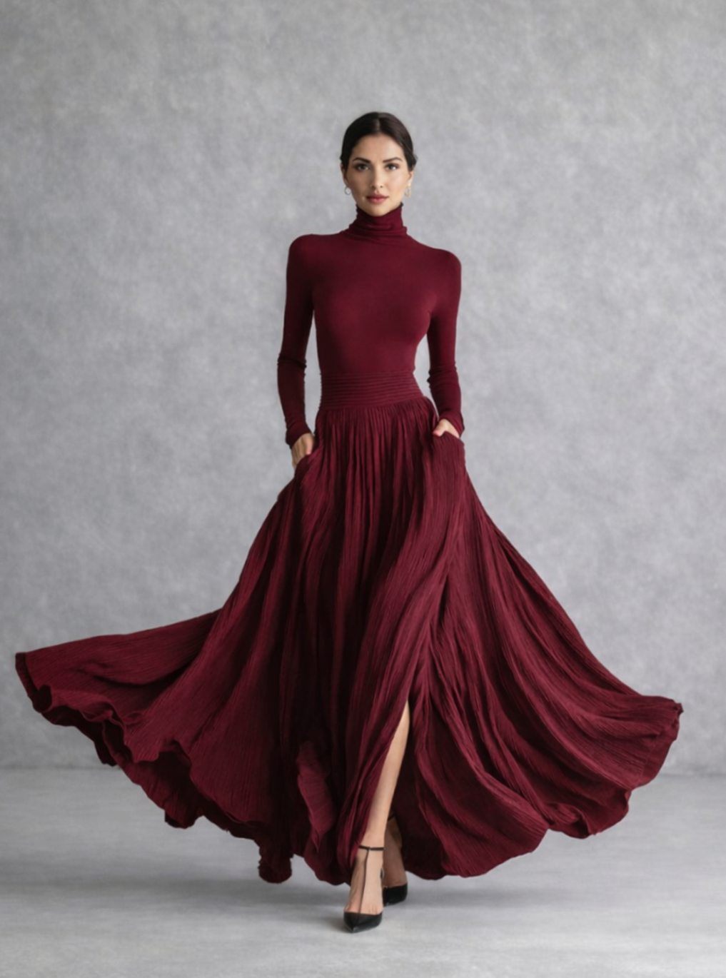 Vera | Women's Long Sleeve Turtleneck Pleated Maxi Dress with Pockets