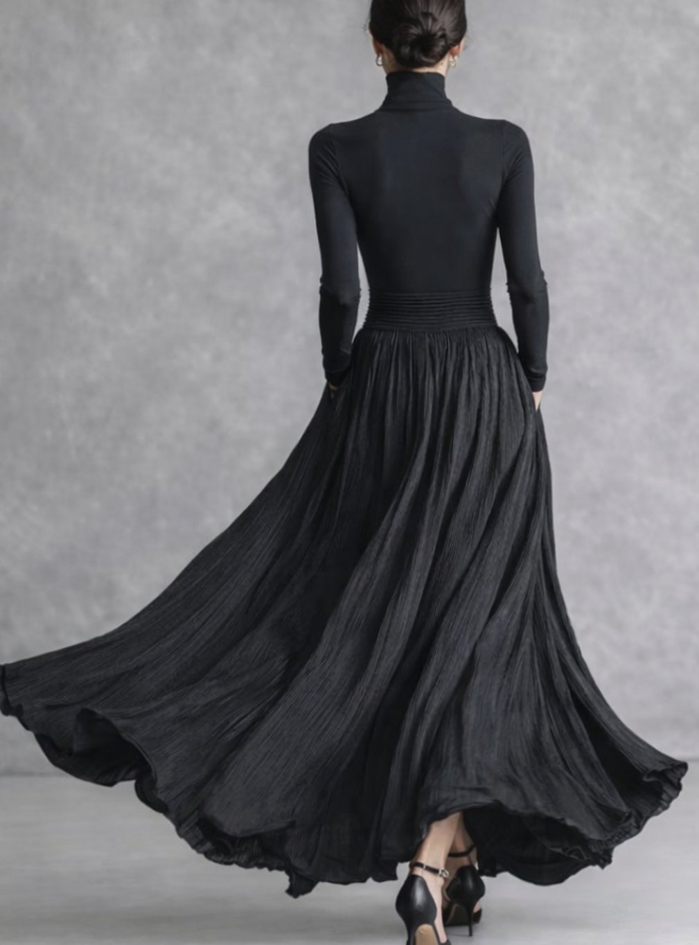 Vera | Women's Long Sleeve Turtleneck Pleated Maxi Dress with Pockets
