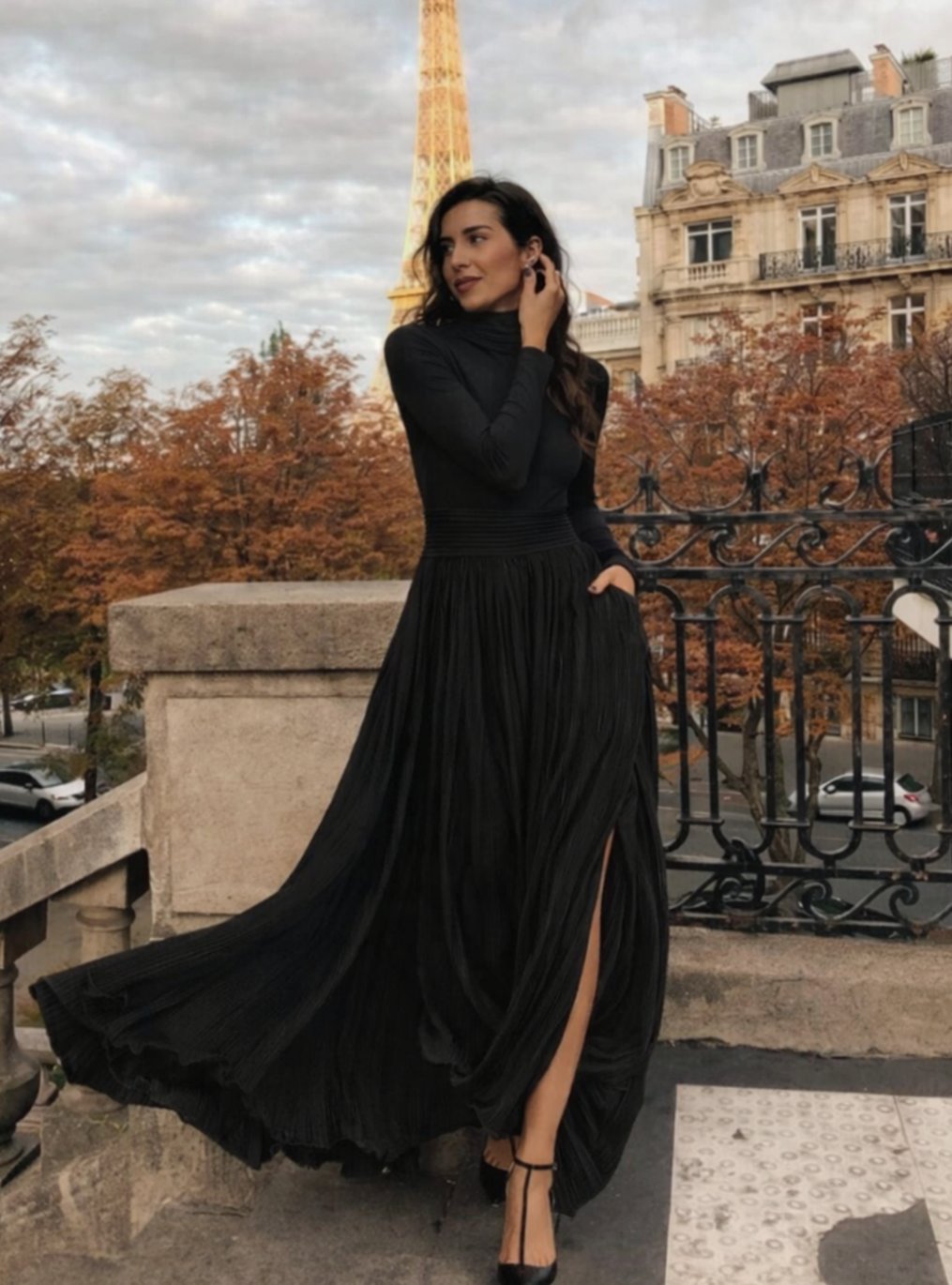 Vera | Women's Long Sleeve Turtleneck Pleated Maxi Dress with Pockets