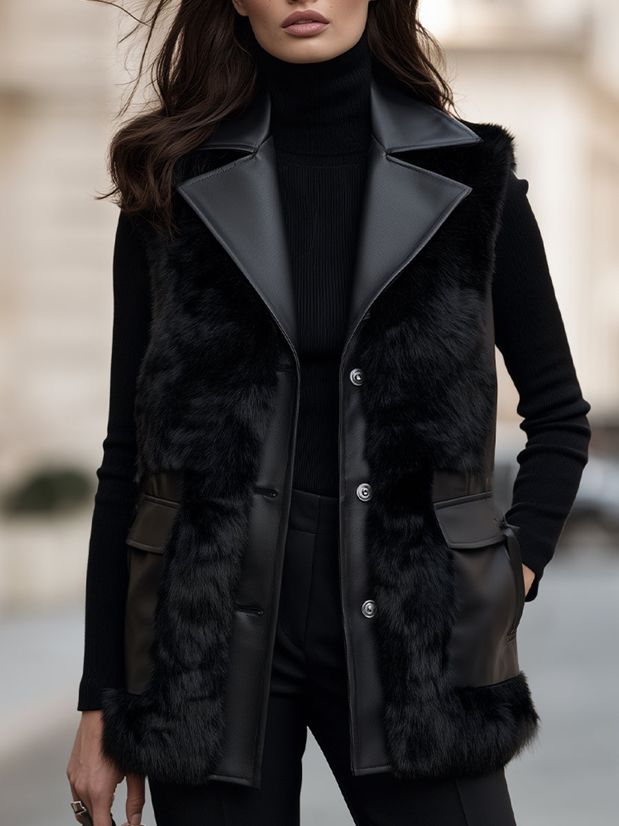 Alma | Women's Longline Faux Fur Trimmed Vest with Patch Pockets