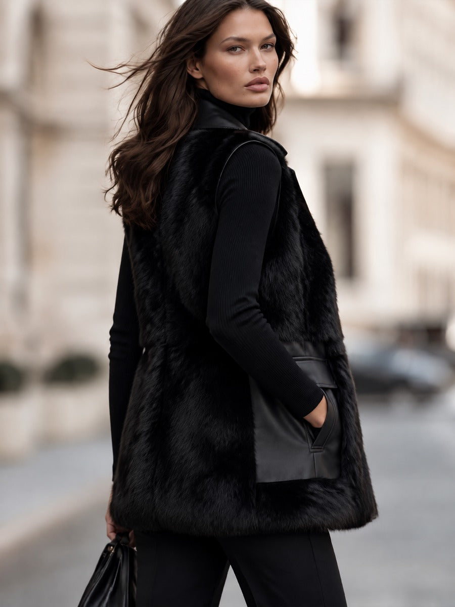 Alma | Women's Longline Faux Fur Trimmed Vest with Patch Pockets