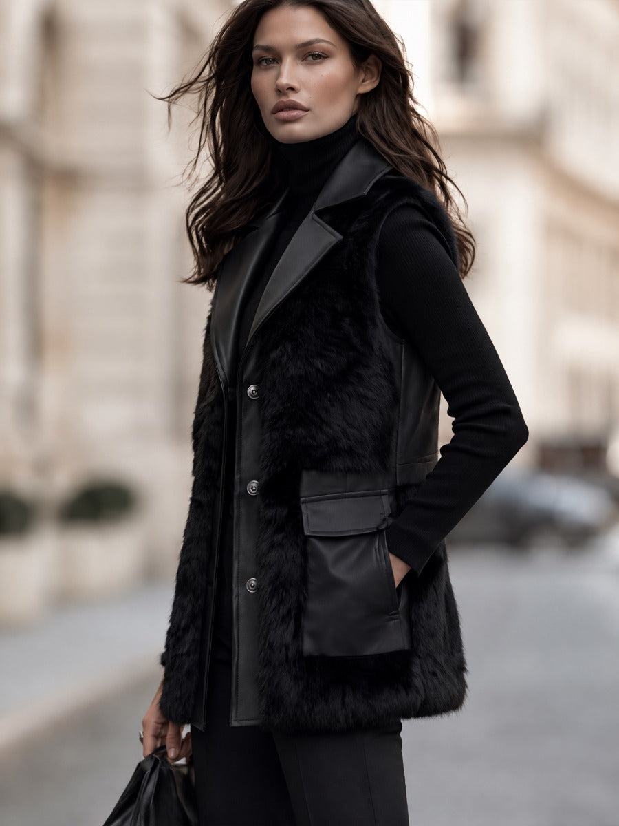 Alma | Women's Longline Faux Fur Trimmed Vest with Patch Pockets