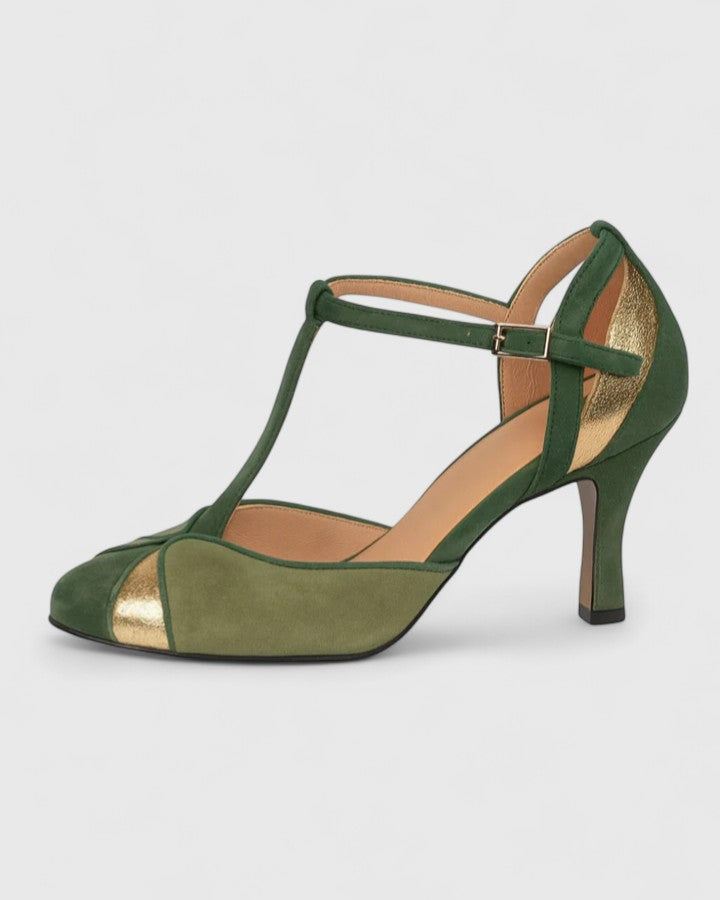 Judith-Celeste | Women's Metallic-Accent T-Strap Kitten Heels