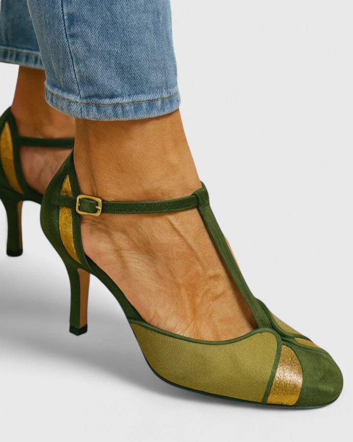 Judith-Celeste | Women's Metallic-Accent T-Strap Kitten Heels