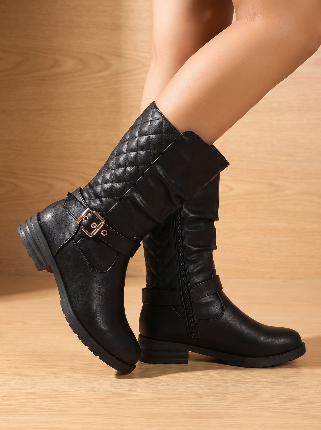 Alba | Women's Mid-Calf Slouch Boots with Gold Buckle Strap