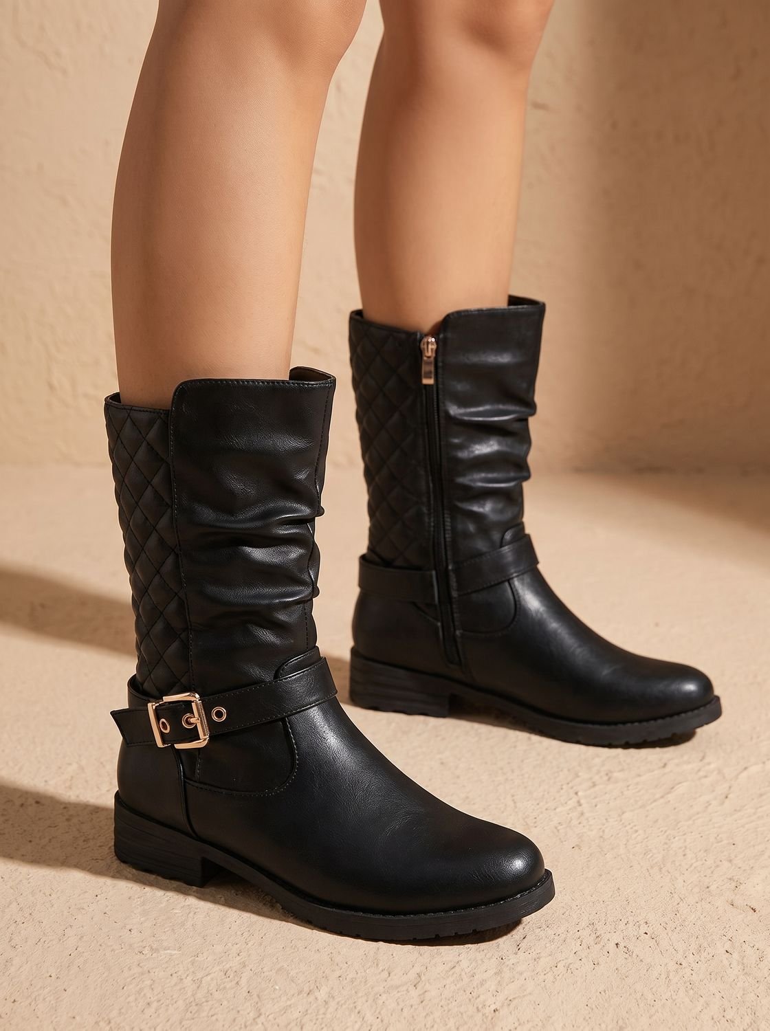 Alba | Women's Mid-Calf Slouch Boots with Gold Buckle Strap
