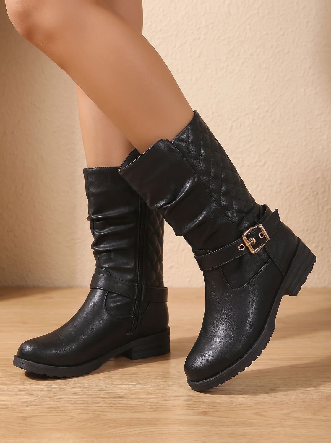 Alba | Women's Mid-Calf Slouch Boots with Gold Buckle Strap