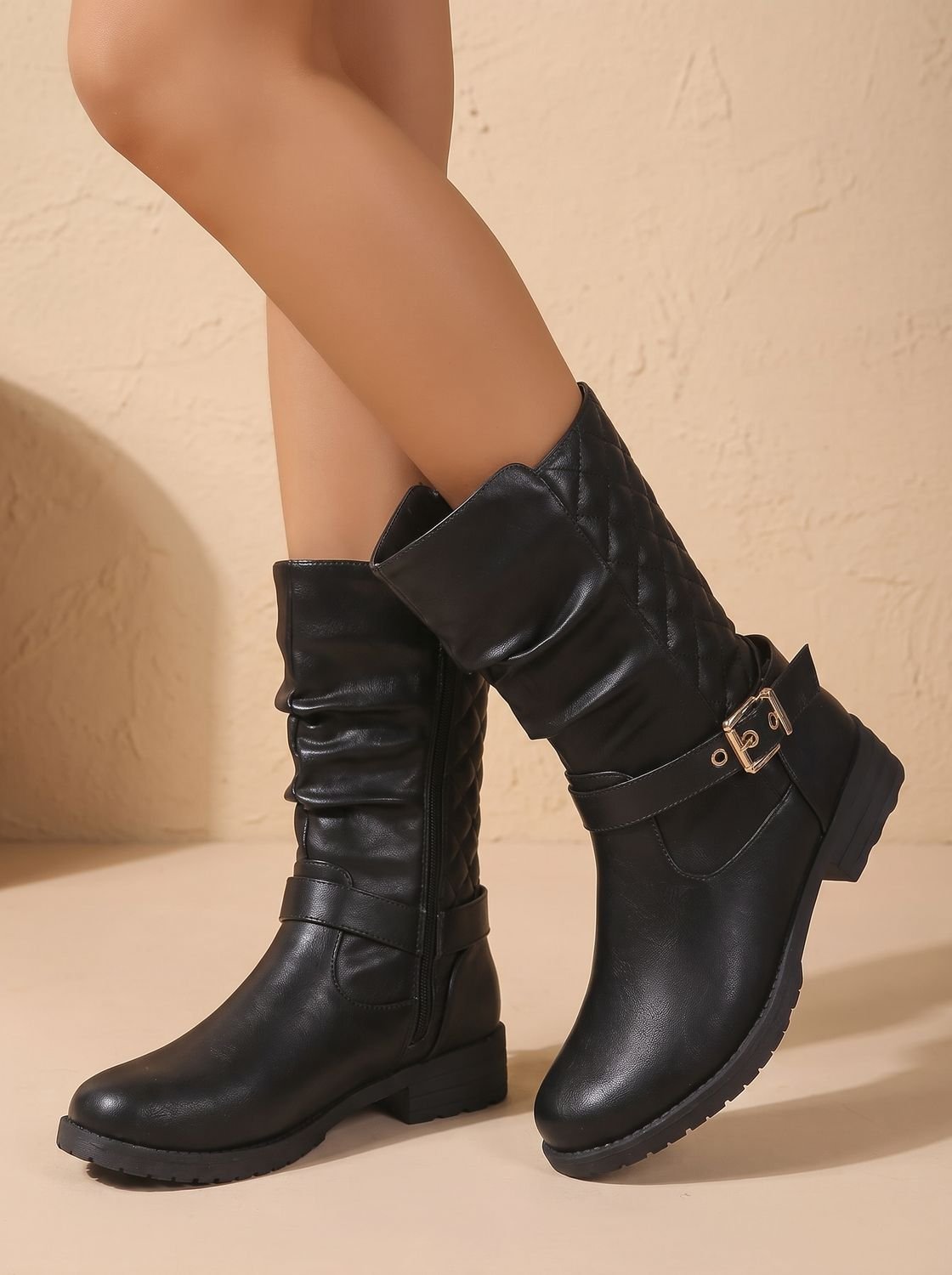 Alba | Women's Mid-Calf Slouch Boots with Gold Buckle Strap