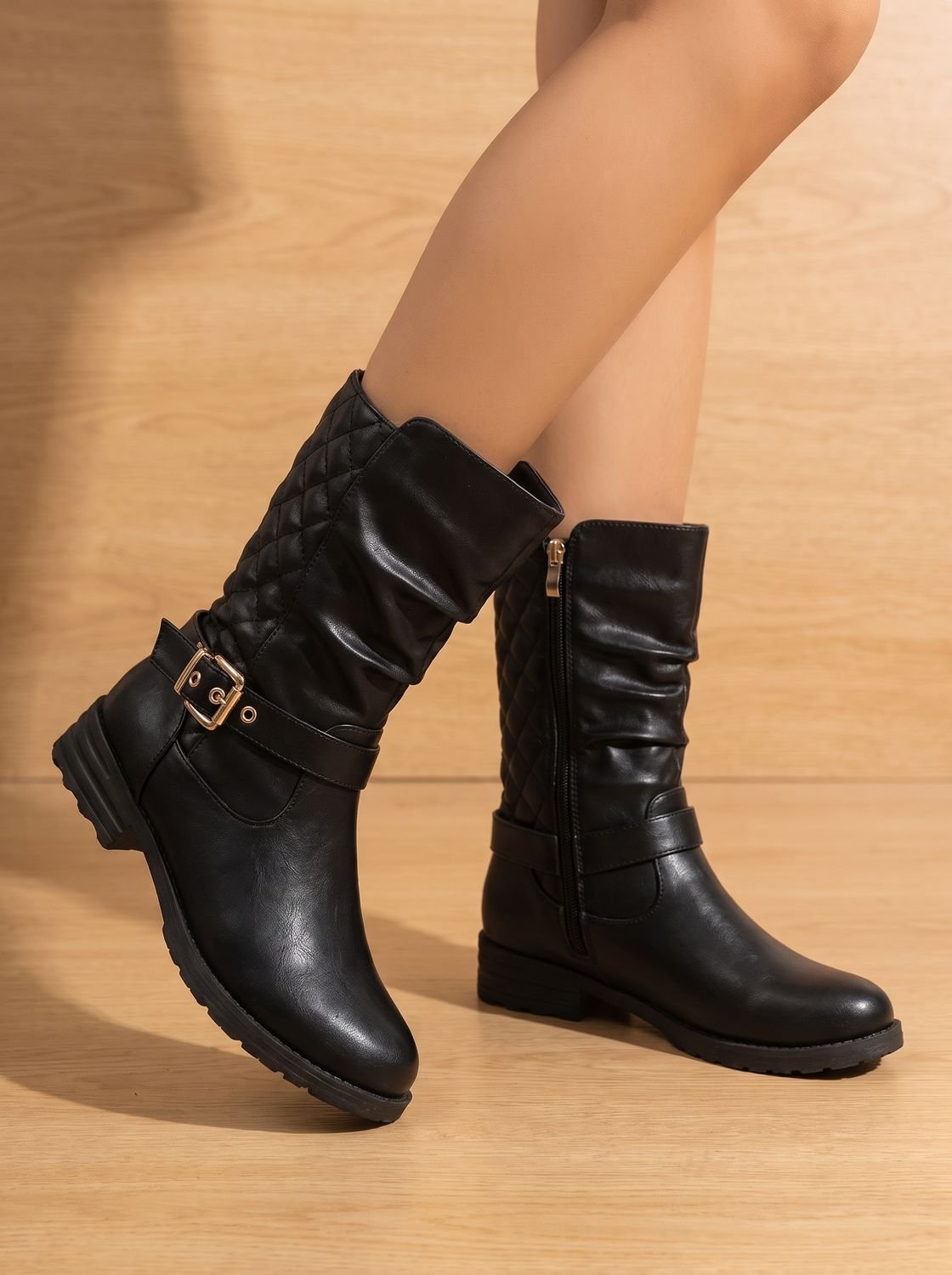 Alba | Women's Mid-Calf Slouch Boots with Gold Buckle Strap