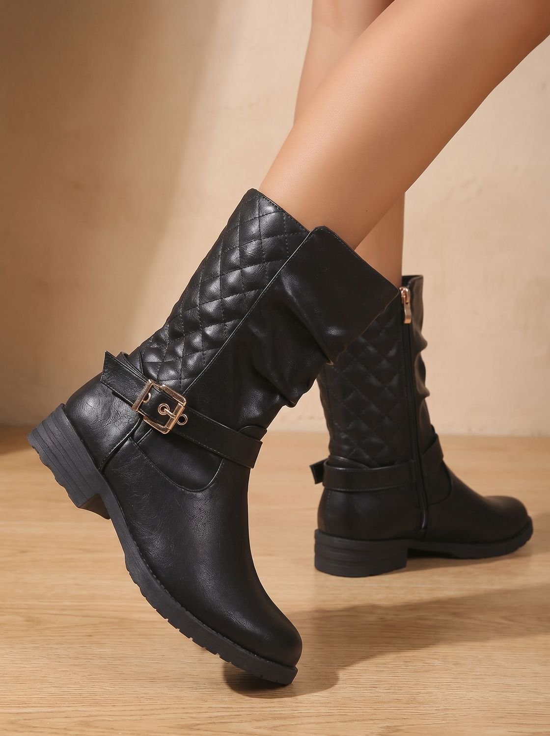 Alba | Women's Mid-Calf Slouch Boots with Gold Buckle Strap