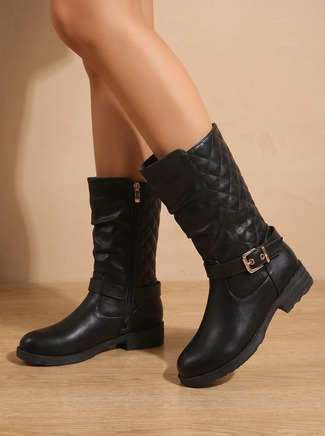 Alba | Women's Mid-Calf Slouch Boots with Gold Buckle Strap
