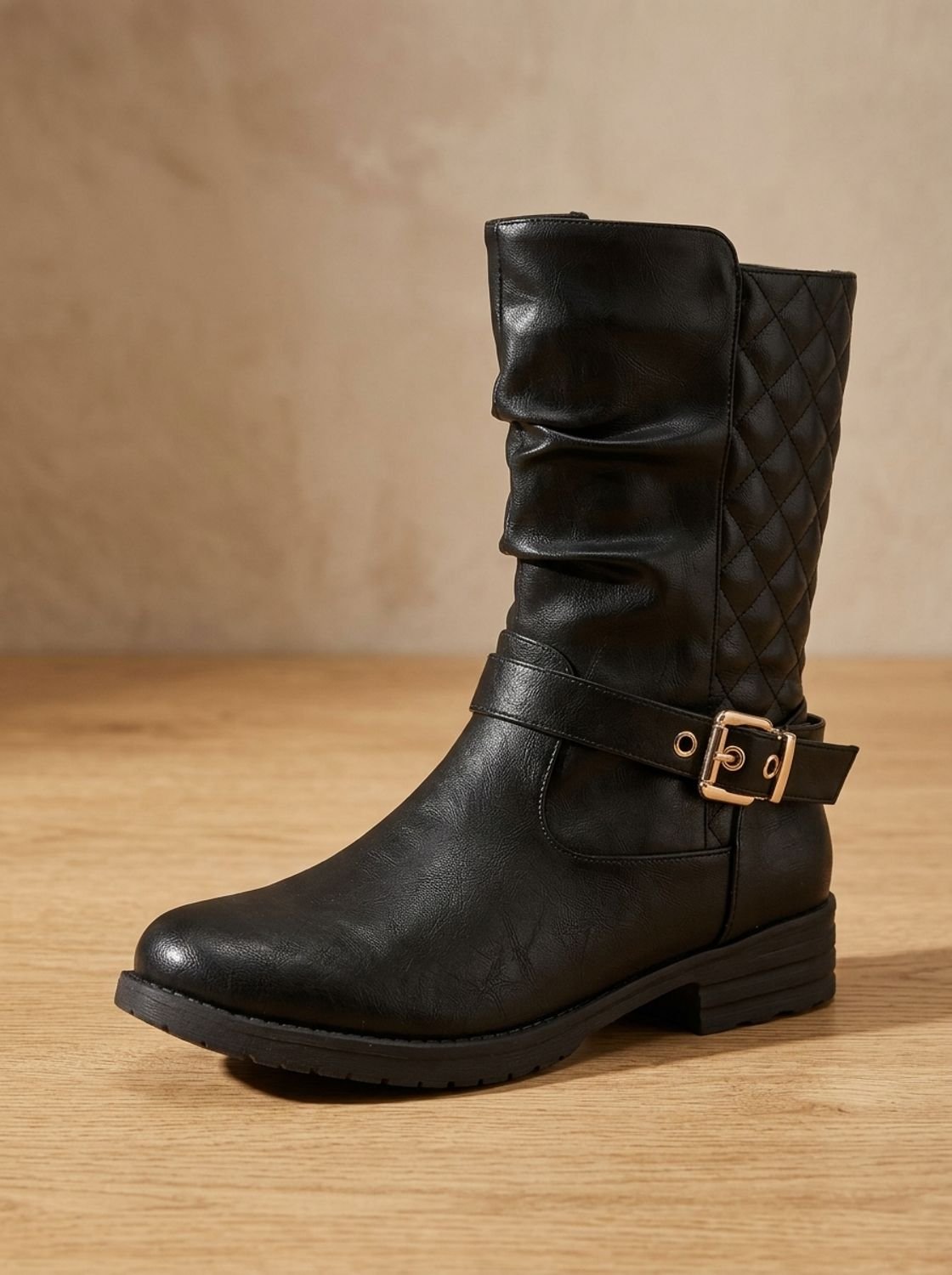 Alba | Women's Mid-Calf Slouch Boots with Gold Buckle Strap