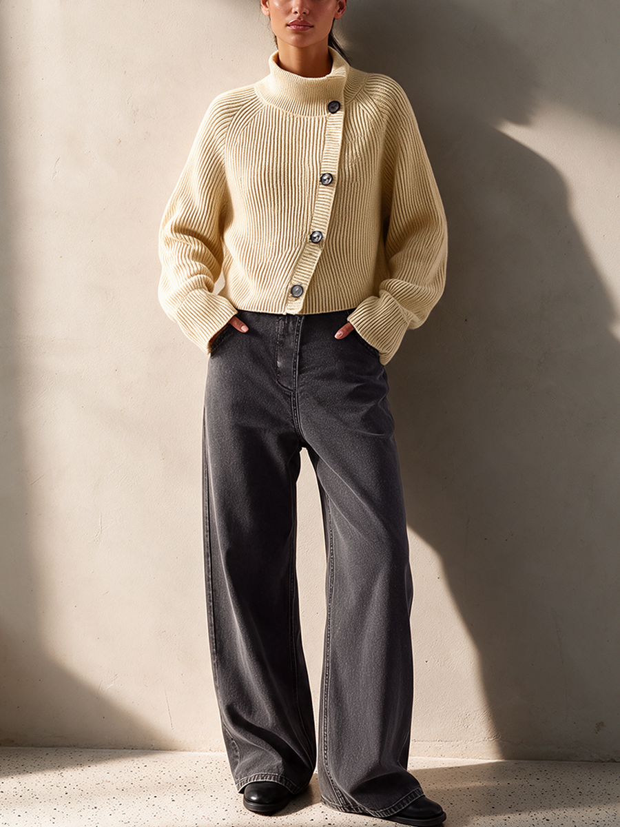 Petra-Daphne | Women's Off-White Turtleneck Cropped Cardigan