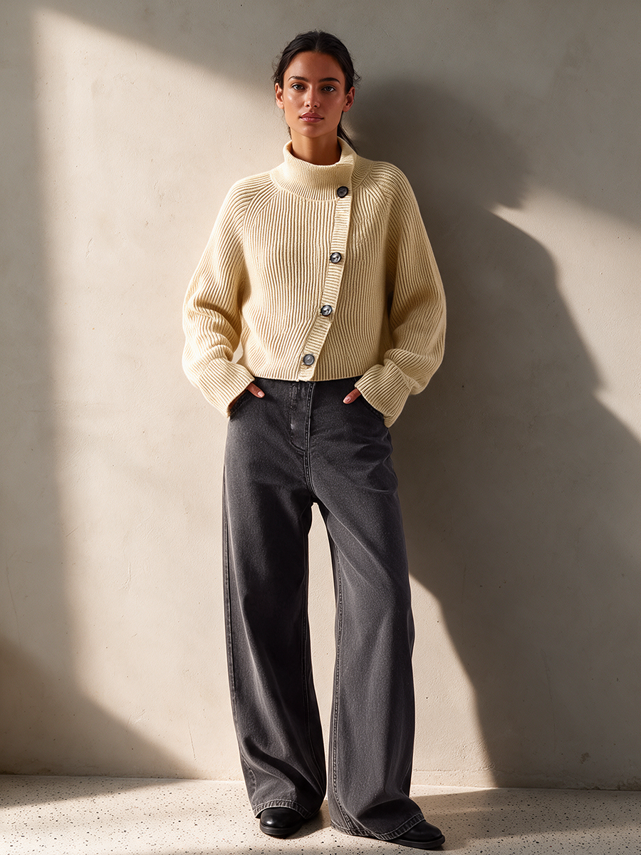Petra-Daphne | Women's Off-White Turtleneck Cropped Cardigan