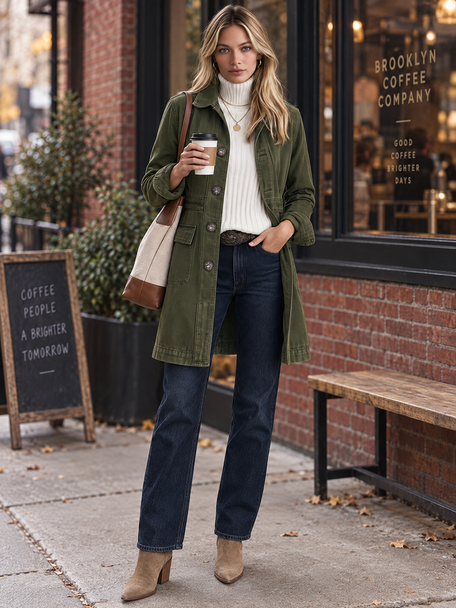 Maureen-Cordelia | Women's Olive Utility Longline Trench Coat