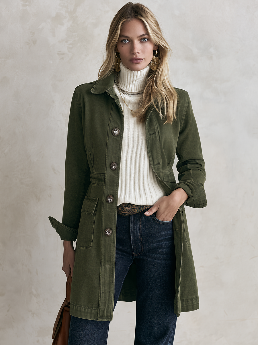 Maureen-Cordelia | Women's Olive Utility Longline Trench Coat