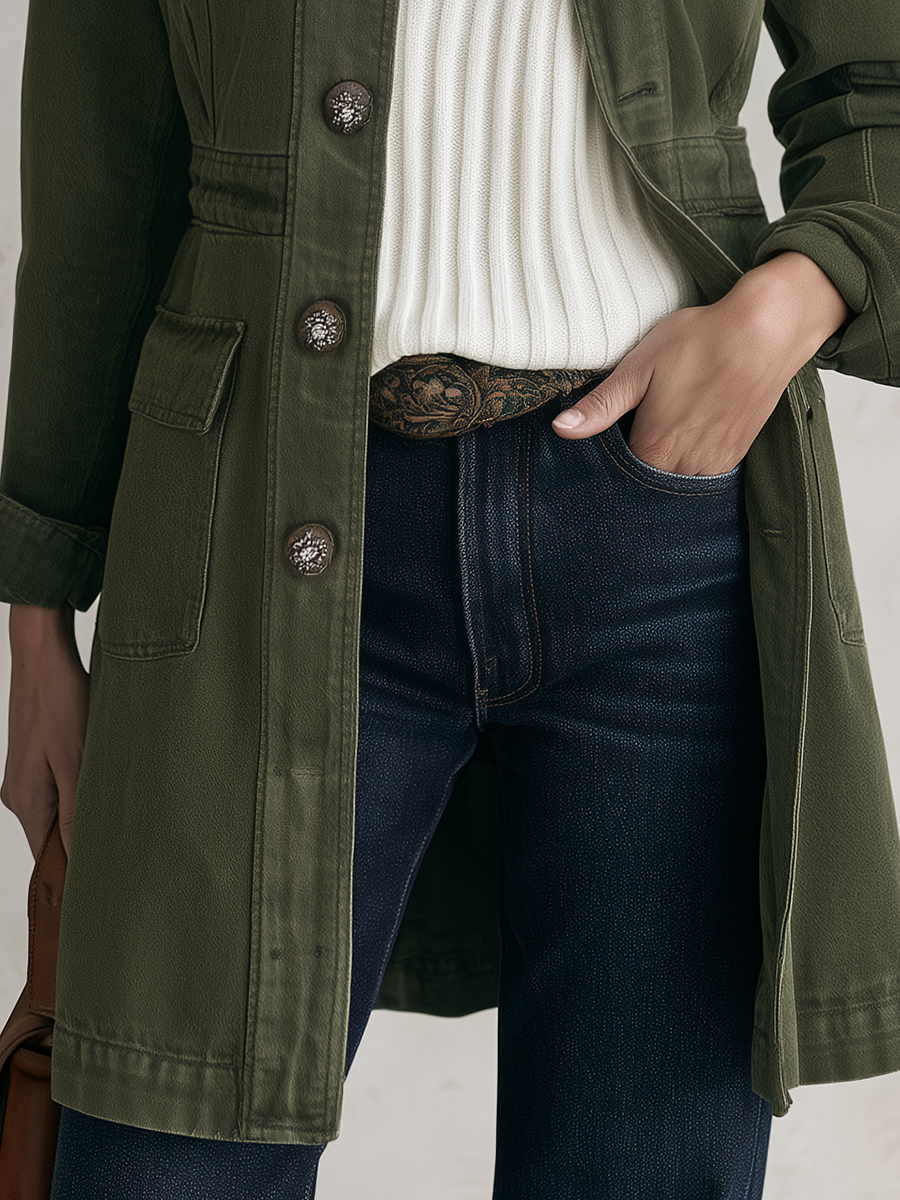 Maureen-Cordelia | Women's Olive Utility Longline Trench Coat