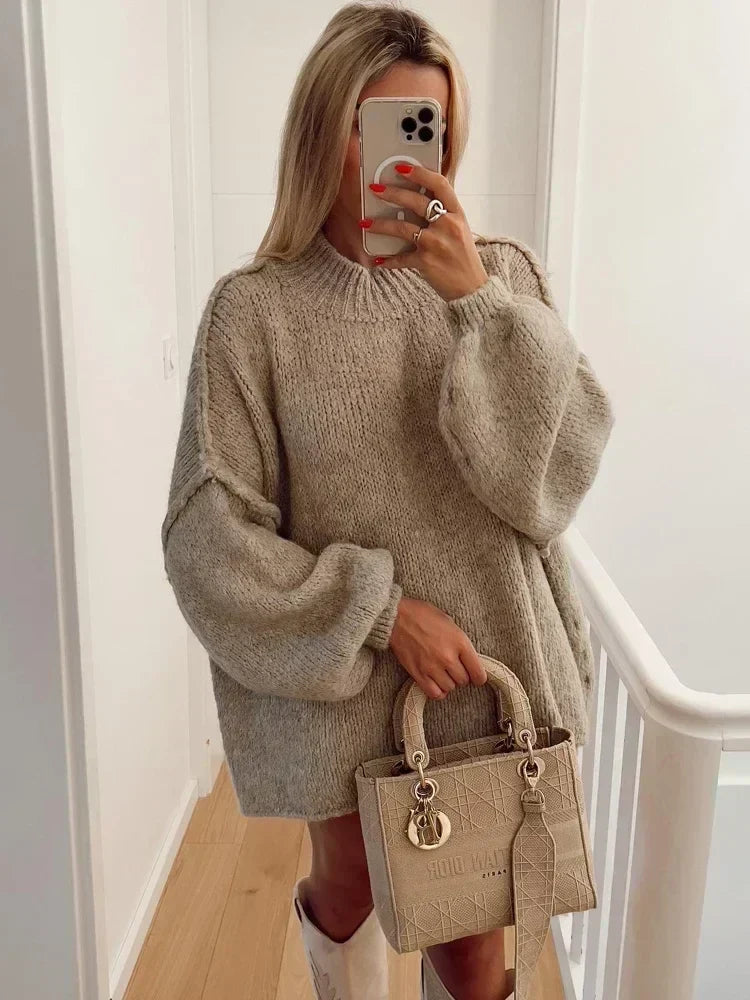 Carmen-Roberta | Women's Oversized Dropped-Shoulder Ribbed-Neck Sweater Dress