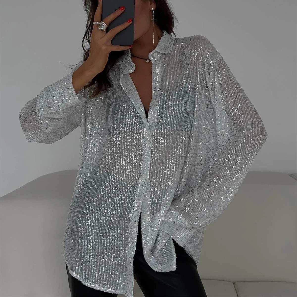 Miriam-Judith | Women's Oversized Sequin Button-Front Shirt Dress