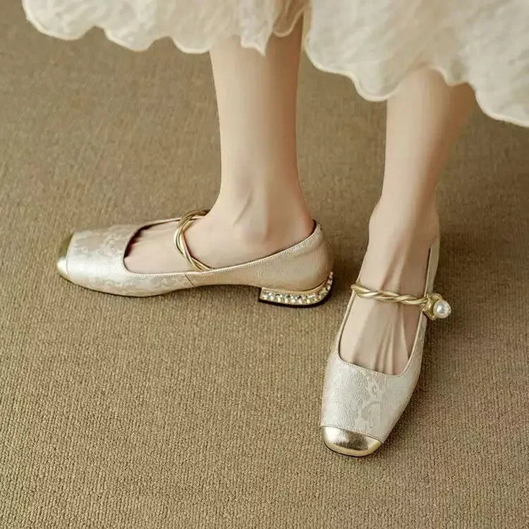 Madeline-Sybil | Women's Pearl Strap Block Heel Mary Janes