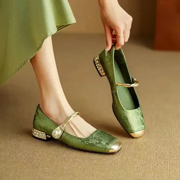 Madeline-Sybil | Women's Pearl Strap Block Heel Mary Janes