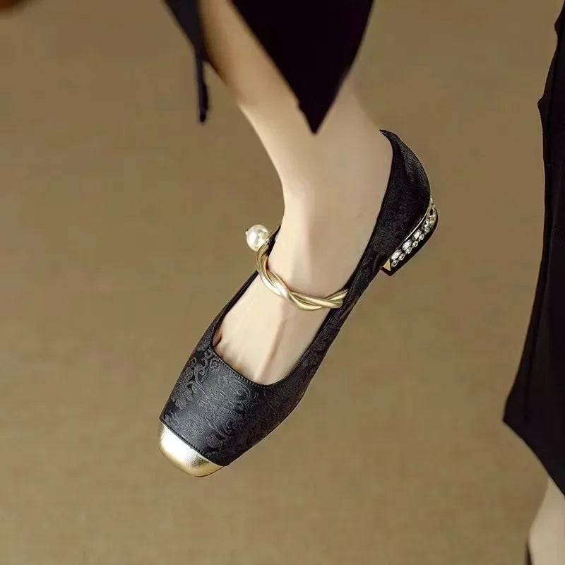 Madeline-Sybil | Women's Pearl Strap Block Heel Mary Janes