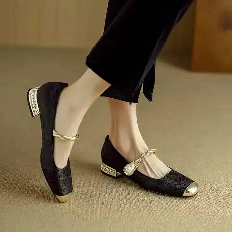Madeline-Sybil | Women's Pearl Strap Block Heel Mary Janes