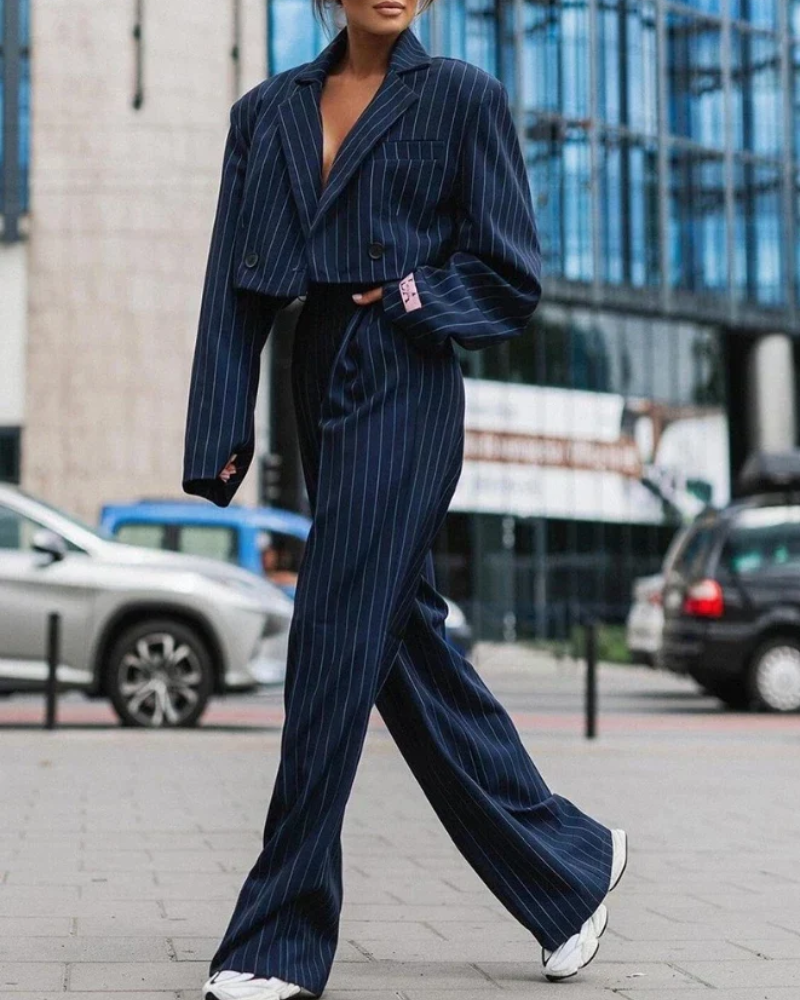 Sabine-Priscilla | Women's Pinstripe Notch-Lapel Blazer & Trouser Set
