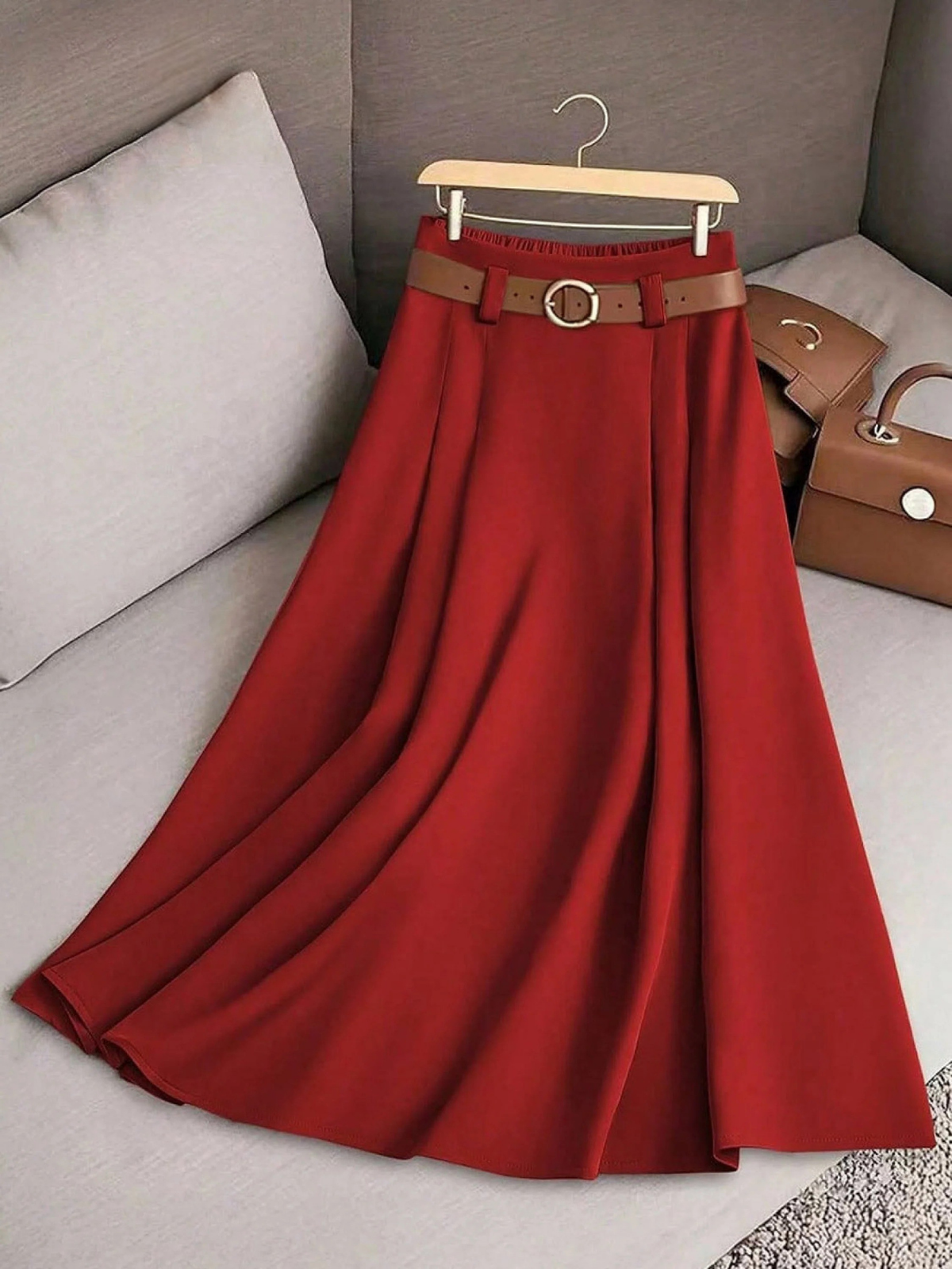 Nella-Madeline | Women's Pleated High-Waisted A-Line Midi Skirt