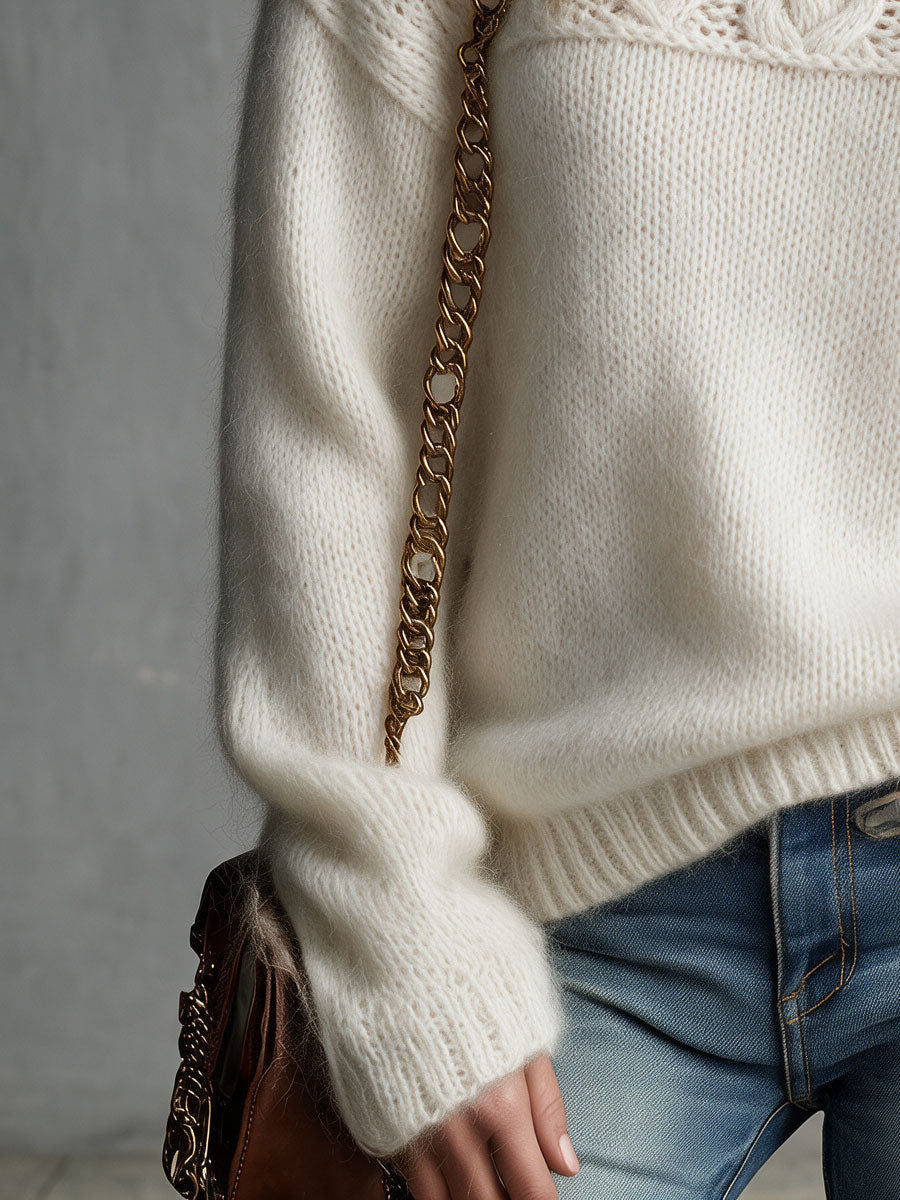 Nella | Women's Retro Cable Knit Sweater in White