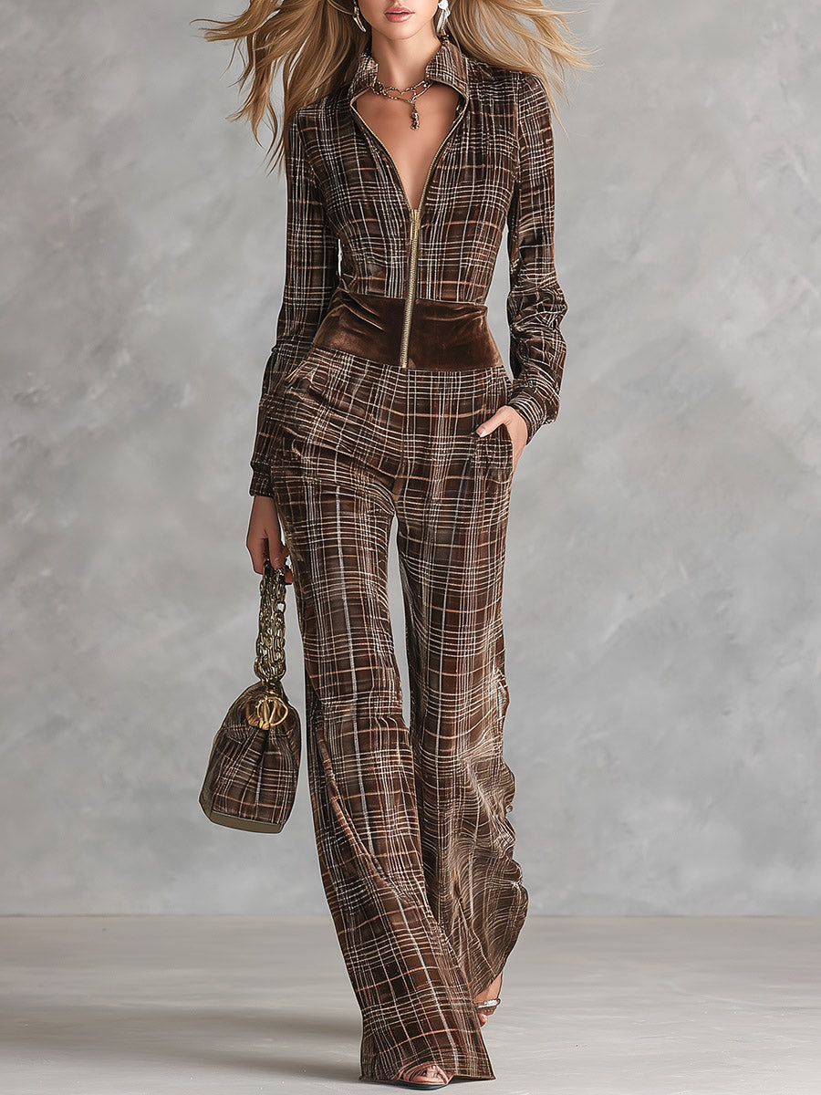 Joyce | Women's Retro Plaid Velvet Front-Zip Jumpsuit