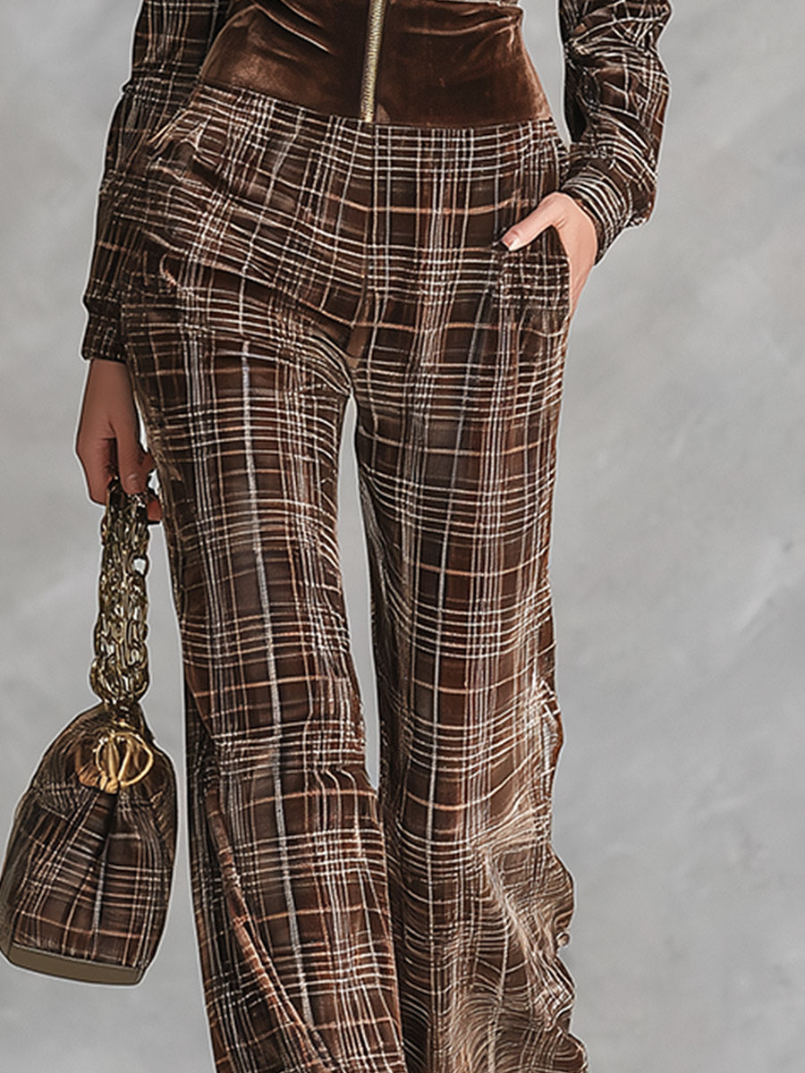 Joyce | Women's Retro Plaid Velvet Front-Zip Jumpsuit