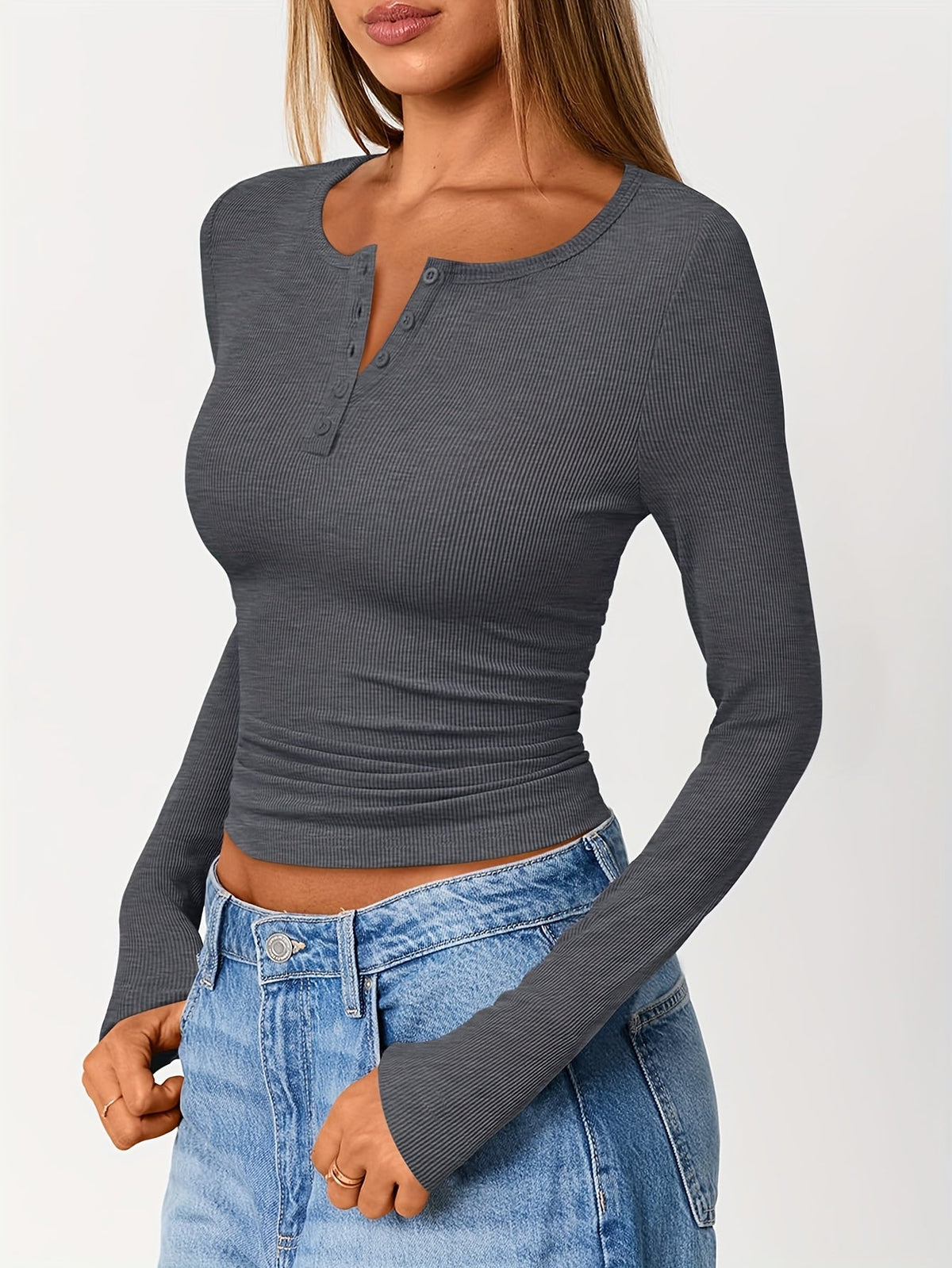 Hazel-Juliet | Women's Ribbed Button Henley Crop Top