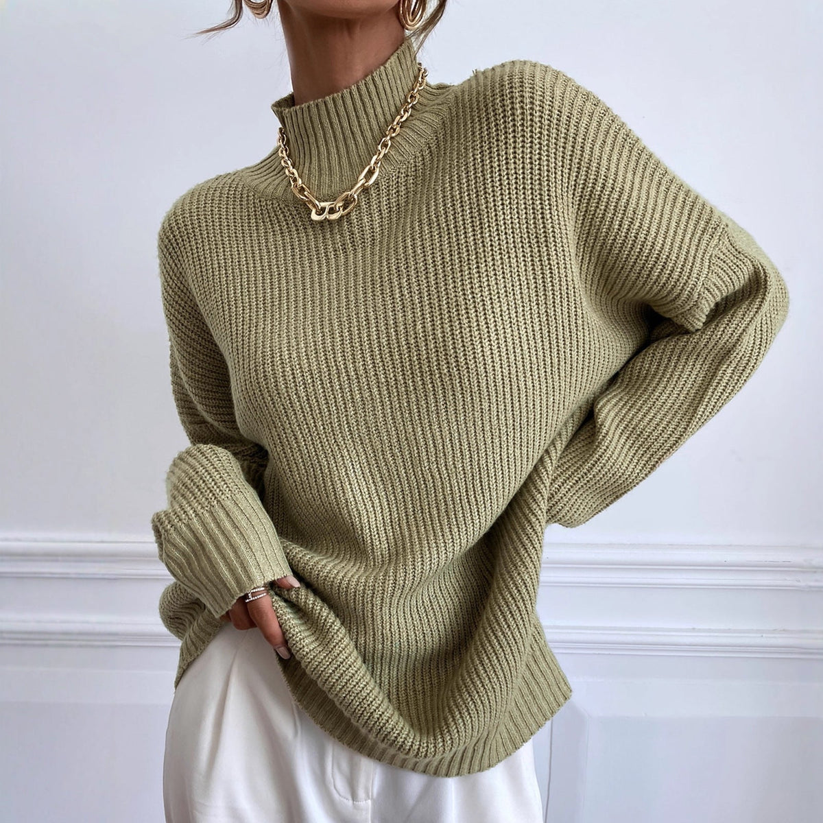 Agnes-Beatrix | Women's Ribbed High-Neck Drop-Shoulder Sweater