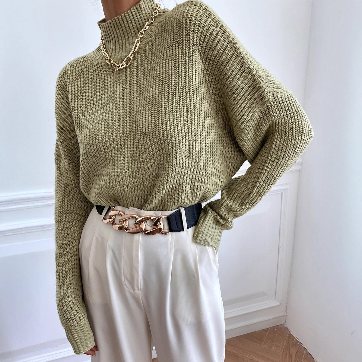 Agnes-Beatrix | Women's Ribbed High-Neck Drop-Shoulder Sweater