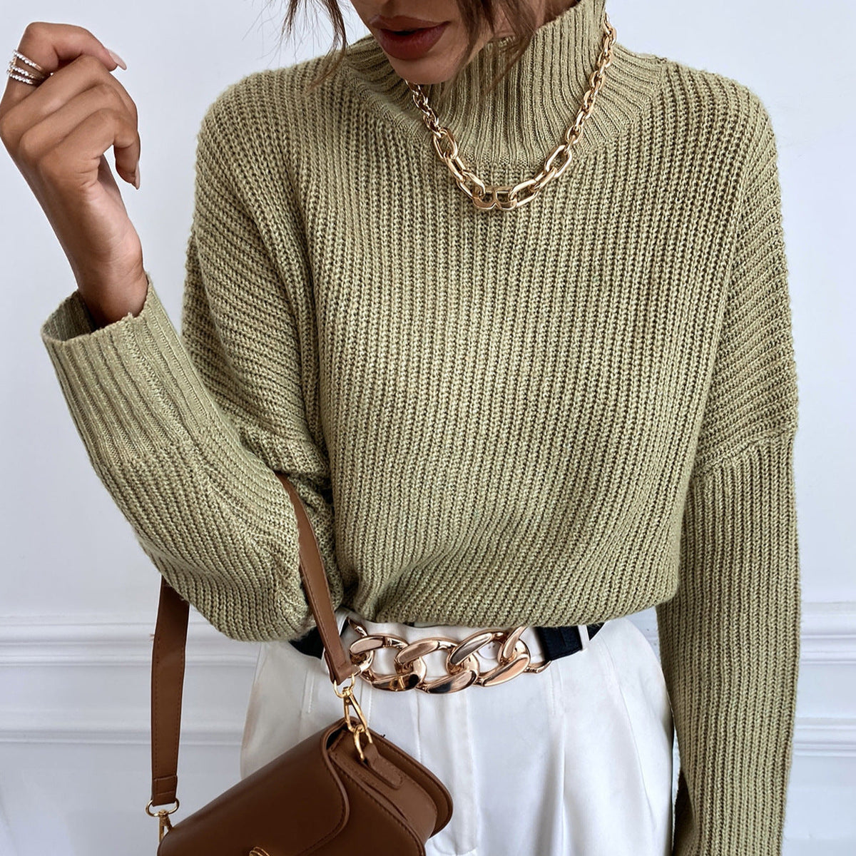 Agnes-Beatrix | Women's Ribbed High-Neck Drop-Shoulder Sweater