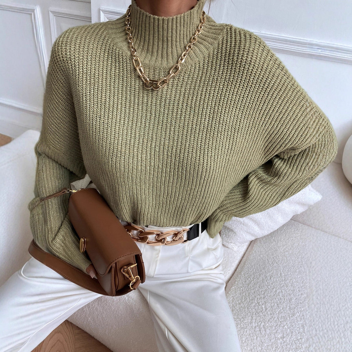 Agnes-Beatrix | Women's Ribbed High-Neck Drop-Shoulder Sweater
