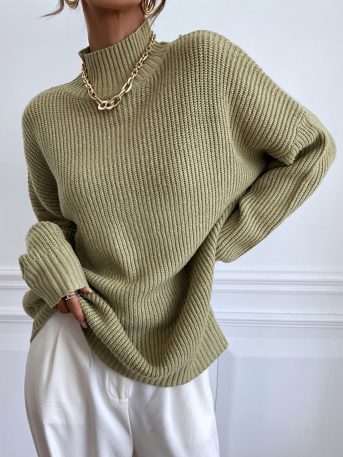 Agnes-Beatrix | Women's Ribbed High-Neck Drop-Shoulder Sweater