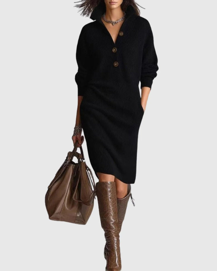 Magda-Verna | Women's Ribbed Knit Collared Midi Dress