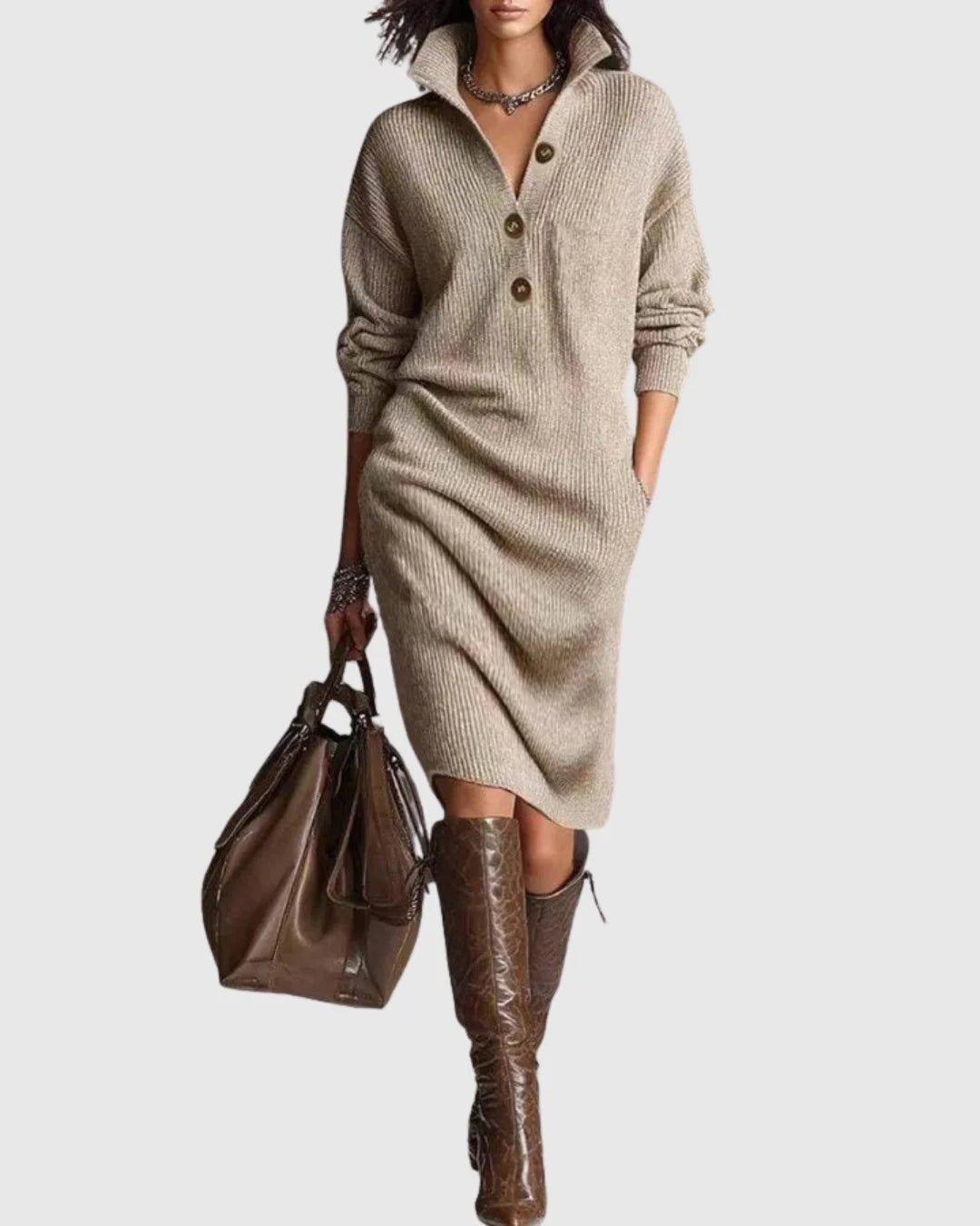 Magda-Verna | Women's Ribbed Knit Collared Midi Dress