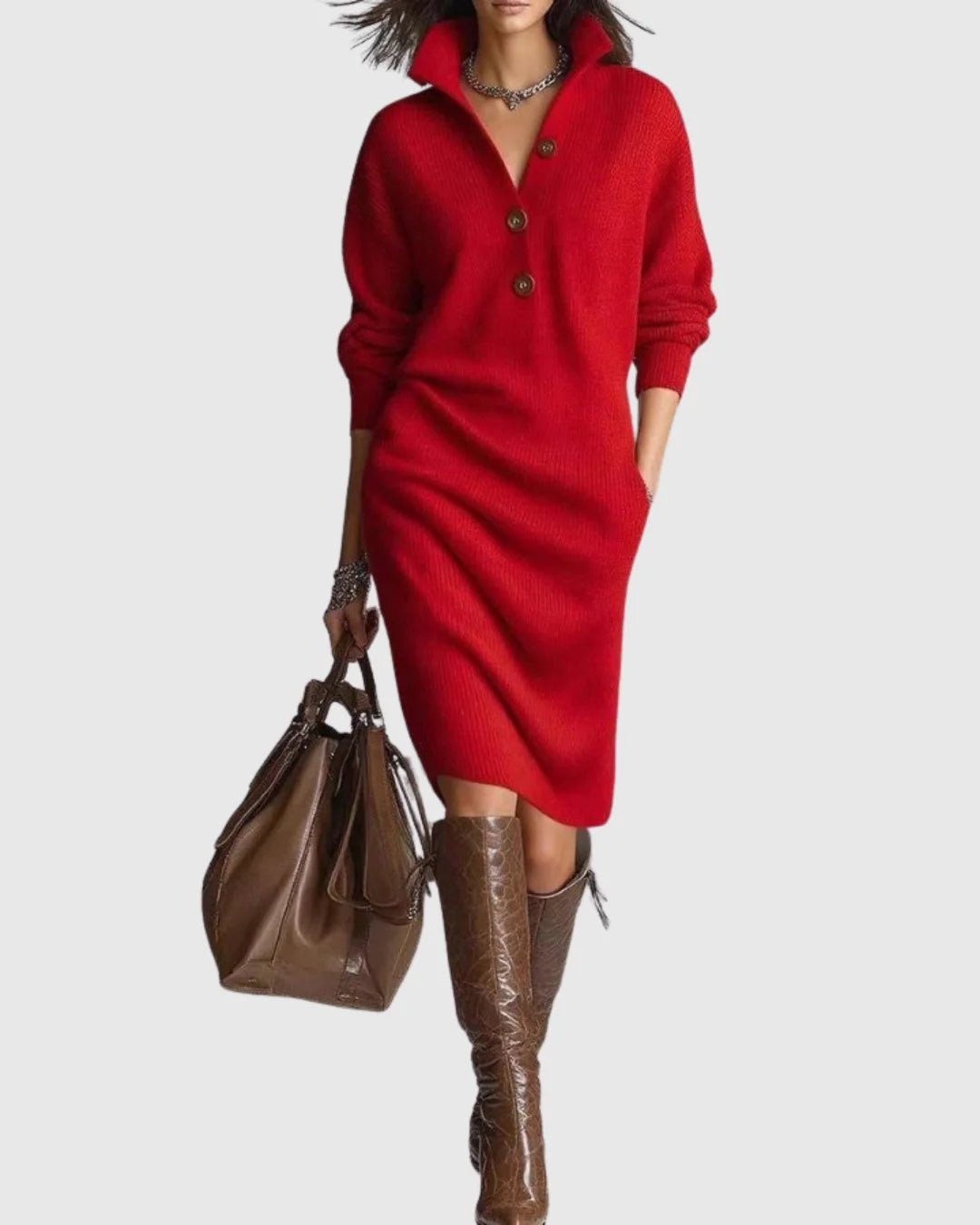Magda-Verna | Women's Ribbed Knit Collared Midi Dress