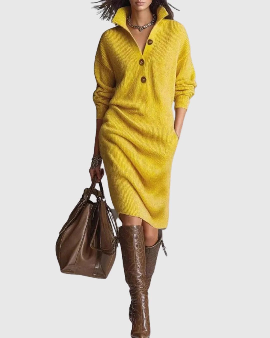 Magda-Verna | Women's Ribbed Knit Collared Midi Dress