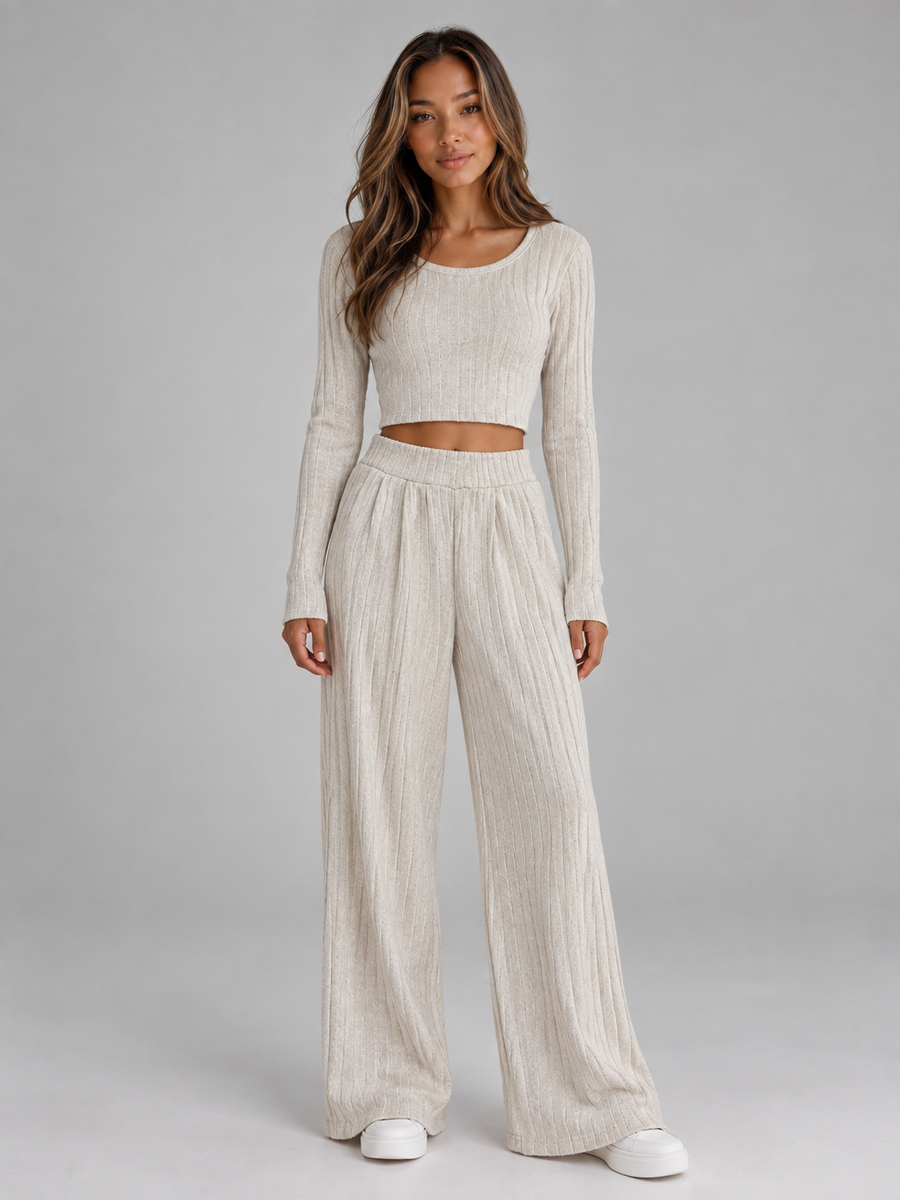 Violet-Nora | Women's Ribbed Knit Wide-Leg Trouser Co-Ord Set