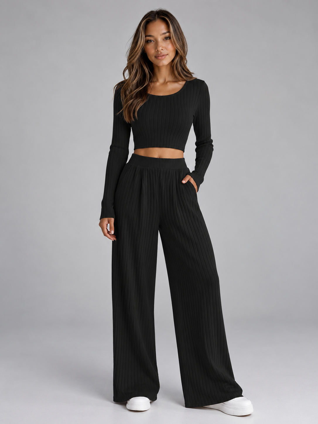 Violet-Nora | Women's Ribbed Knit Wide-Leg Trouser Co-Ord Set