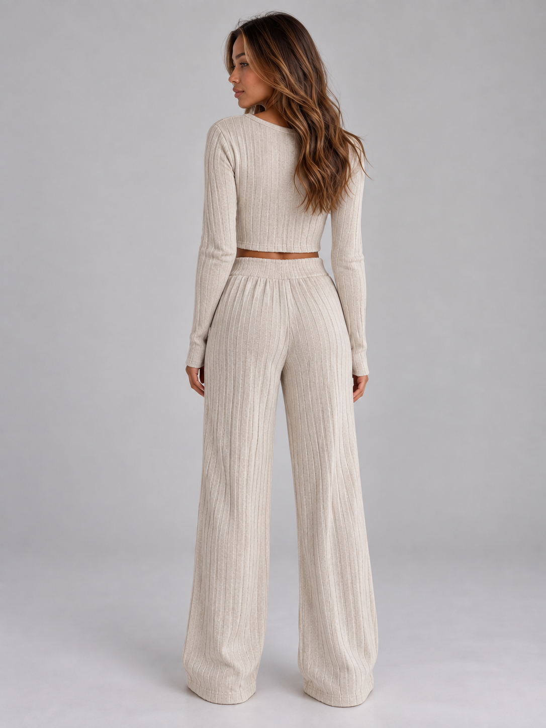 Violet-Nora | Women's Ribbed Knit Wide-Leg Trouser Co-Ord Set