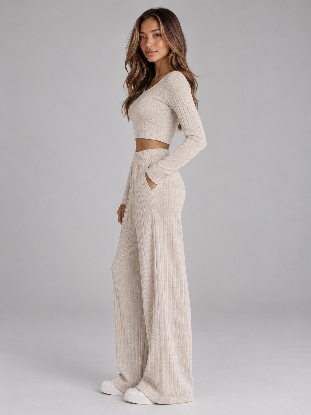 Violet-Nora | Women's Ribbed Knit Wide-Leg Trouser Co-Ord Set