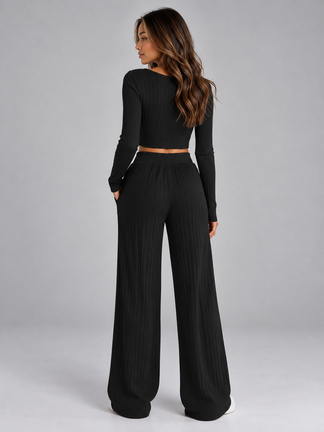 Violet-Nora | Women's Ribbed Knit Wide-Leg Trouser Co-Ord Set