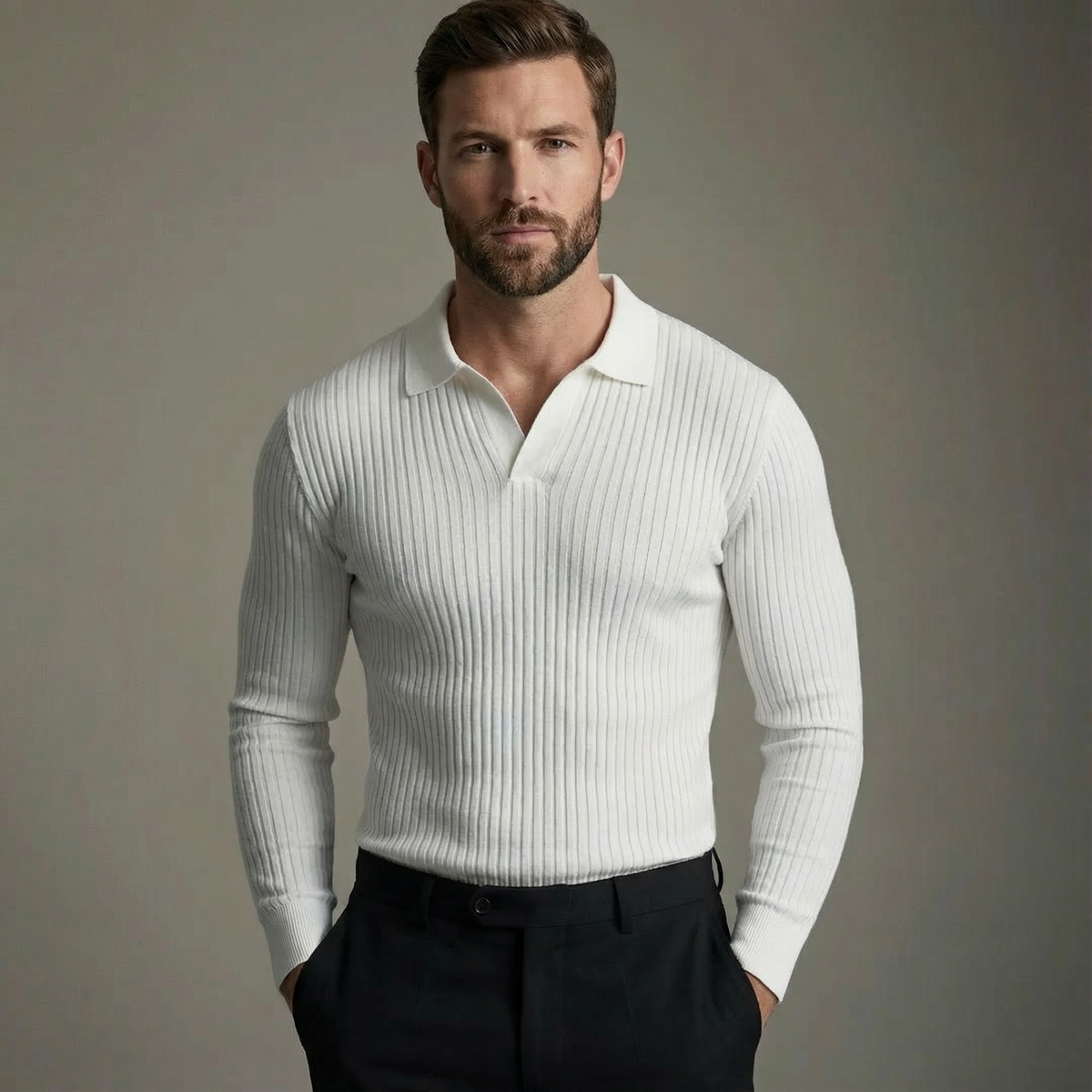 Rhea-Louisa | Women's Ribbed Open-Collar Knit Shirt