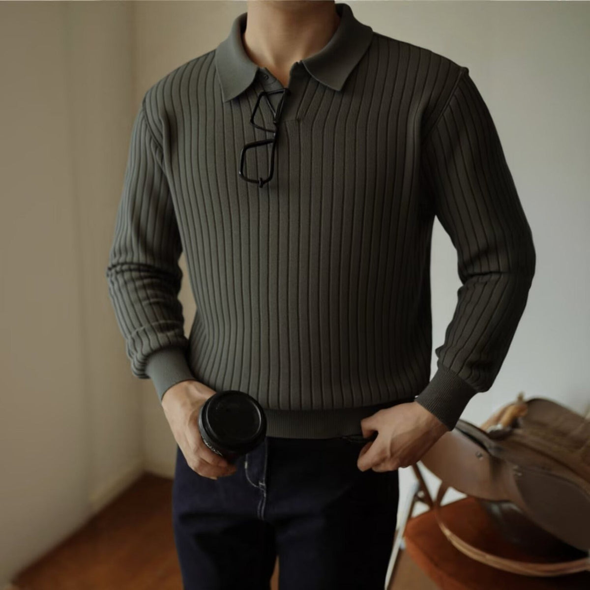 Rhea-Louisa | Women's Ribbed Open-Collar Knit Shirt